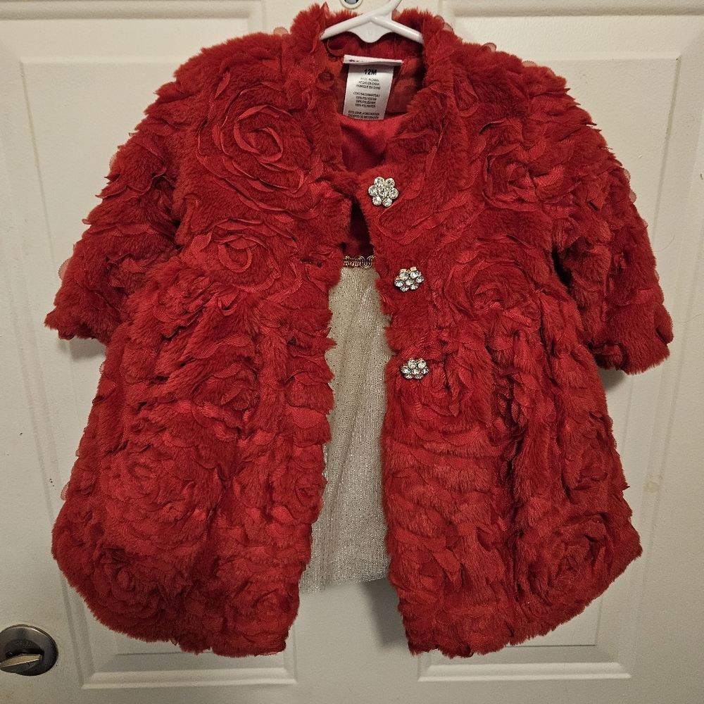 Chic Red Textured Coat with Floral Design, Matching Dress Size 12 Months